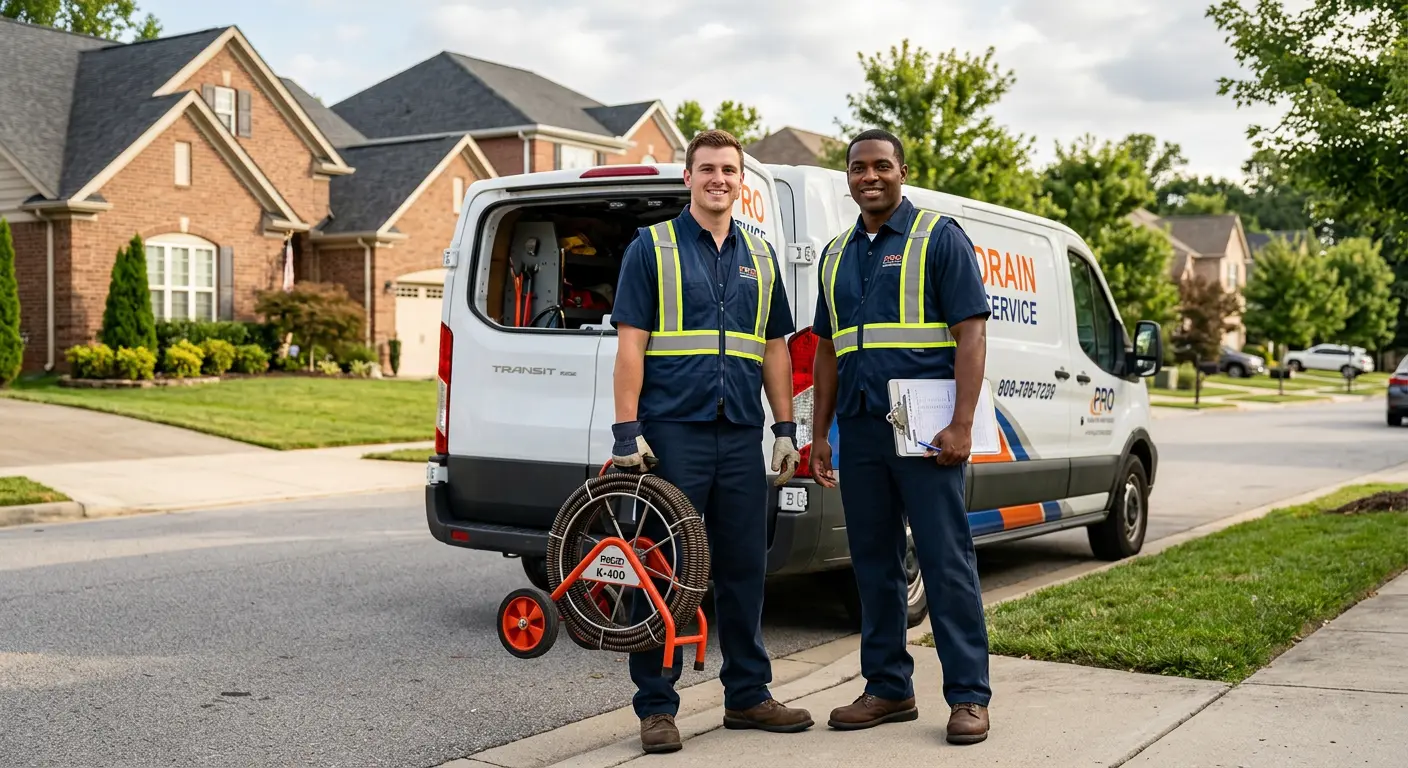 Sewer and drain service team with equipment ready for work in Holly Springs