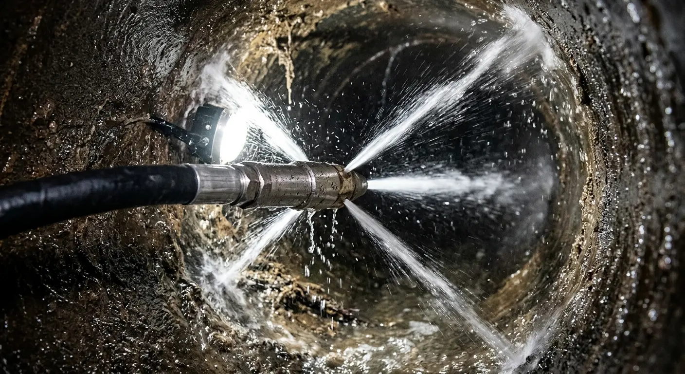 High-pressure hydro jetting nozzle cleaning sewer pipe for Emergency Drain Service in Holly Springs